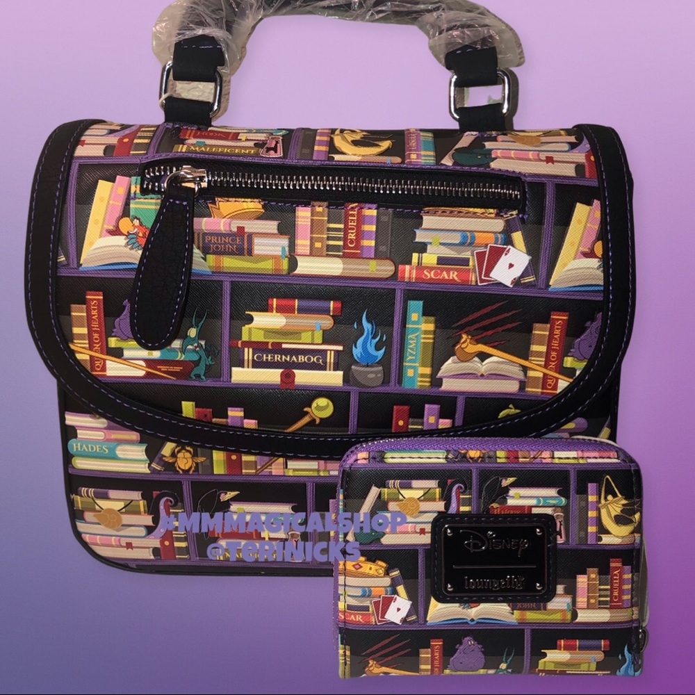 LOUNGEFLY Disney Villains Books Mini Backpack and Matching Zip Around Wallet